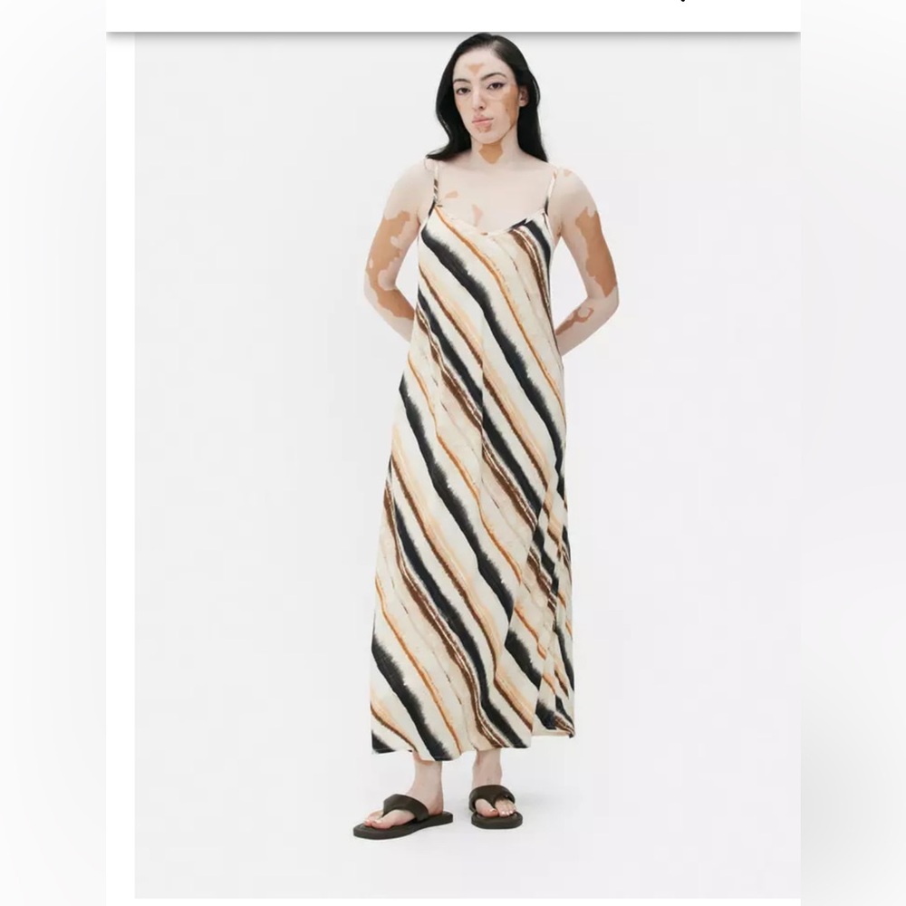 PRIMARK EDIT CREAM BLACK TIE DYE PRINT STRAPPY LINEN BLEND MIDI SLIP DRESS US 16